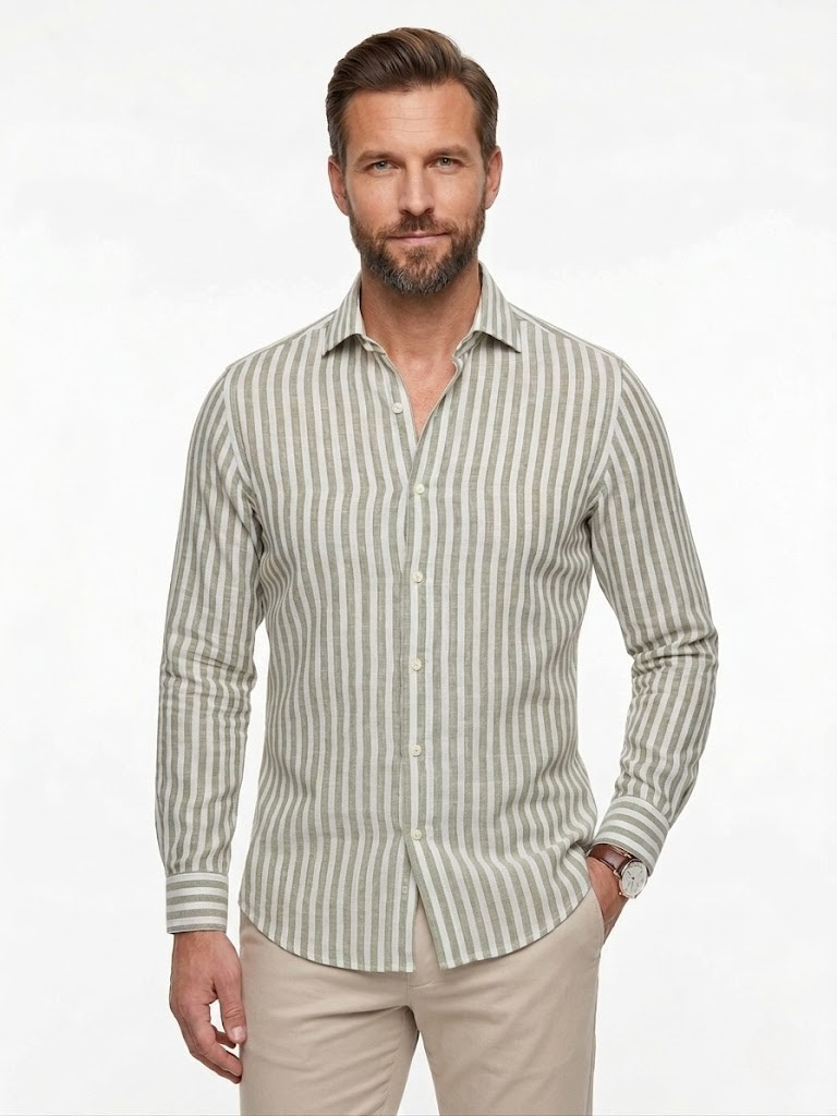 Camisa Regular de Lino Rayas